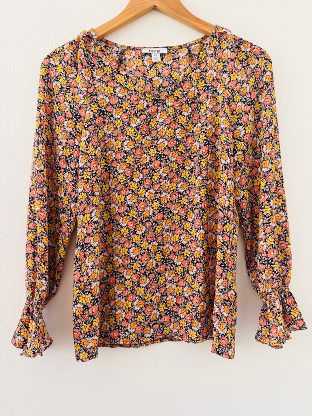 Bar III Orange Floral Long Sleeve Blouse